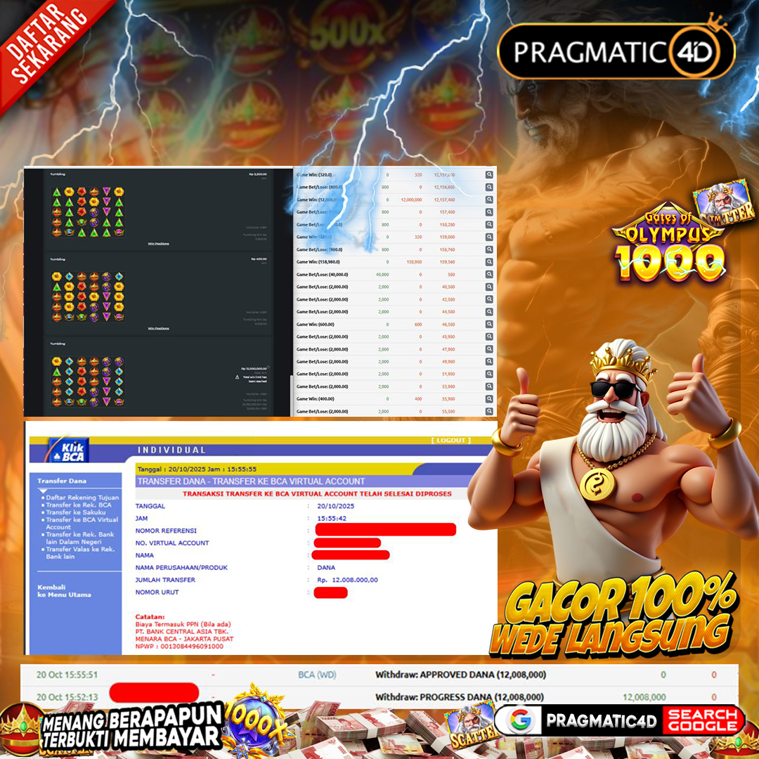 BUKTI KEMENANGAN MEMBER 21 OCTOBER 2025 DI PRAGMATIC4D 12 JUTA
