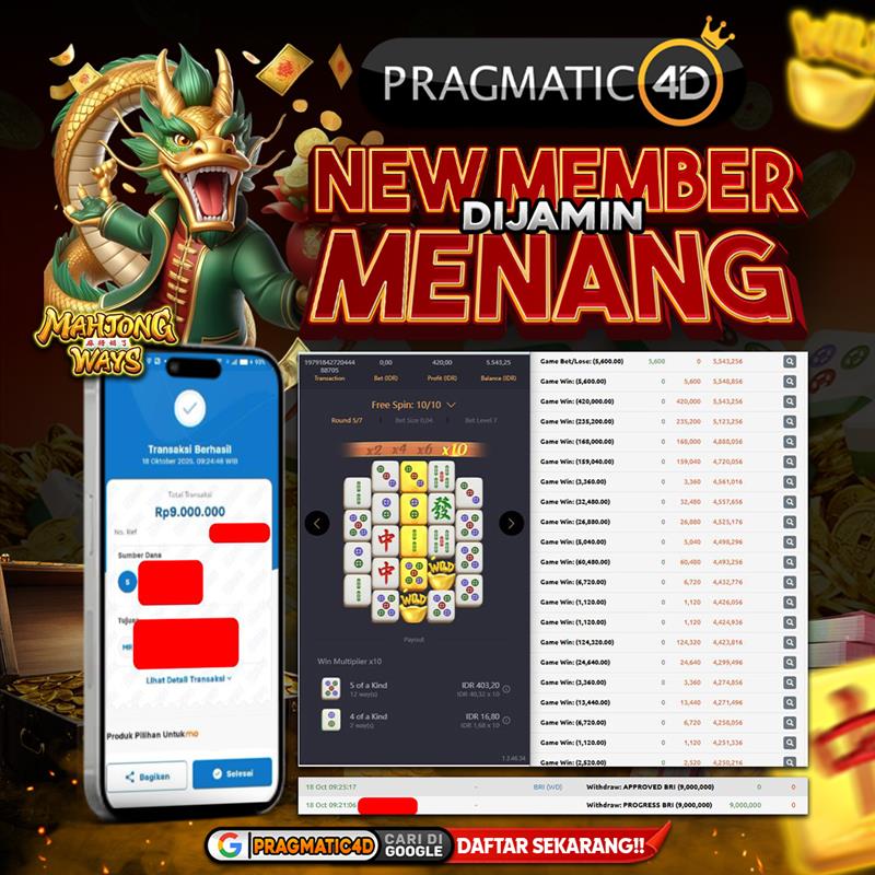 BUKTI KEMENANGAN MEMBER 18 OCTOBER 2025 DI PRAGMATIC4D 9 JUTA