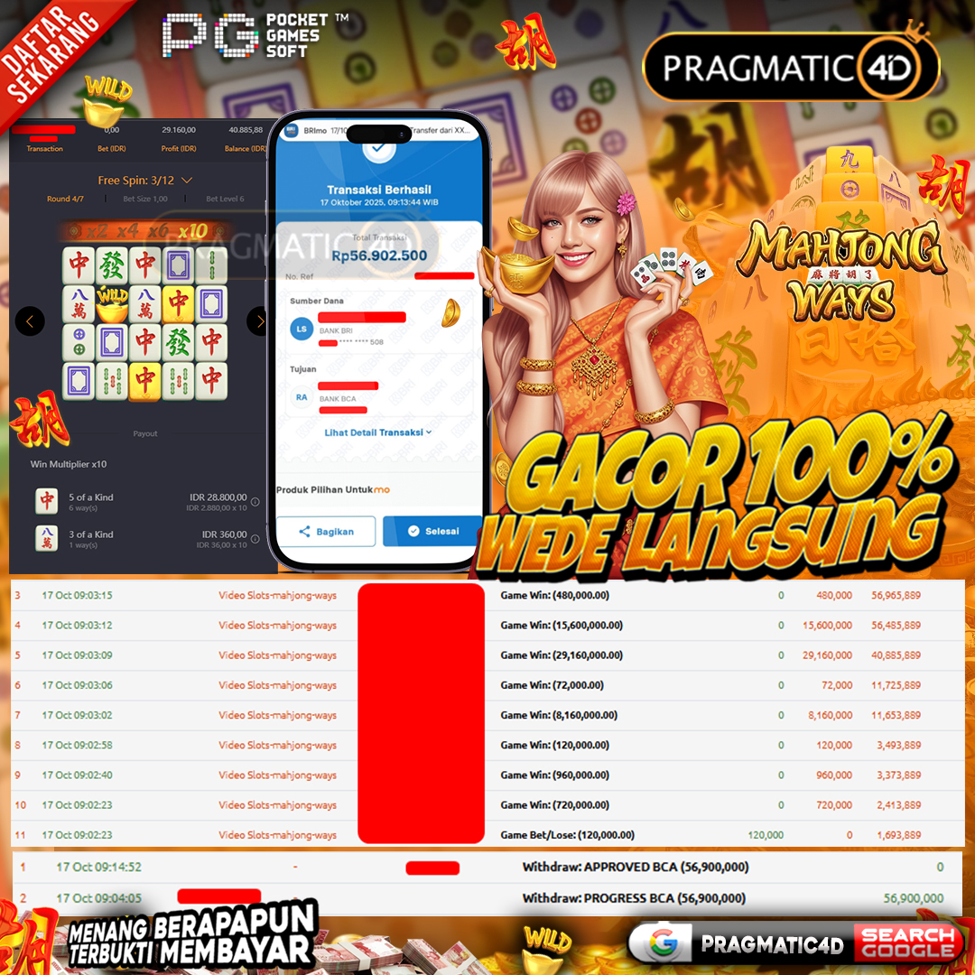 BUKTI KEMENANGAN MEMBER 17 OCTOBER 2025 DI PRAGMATIC4D 56 JUTA