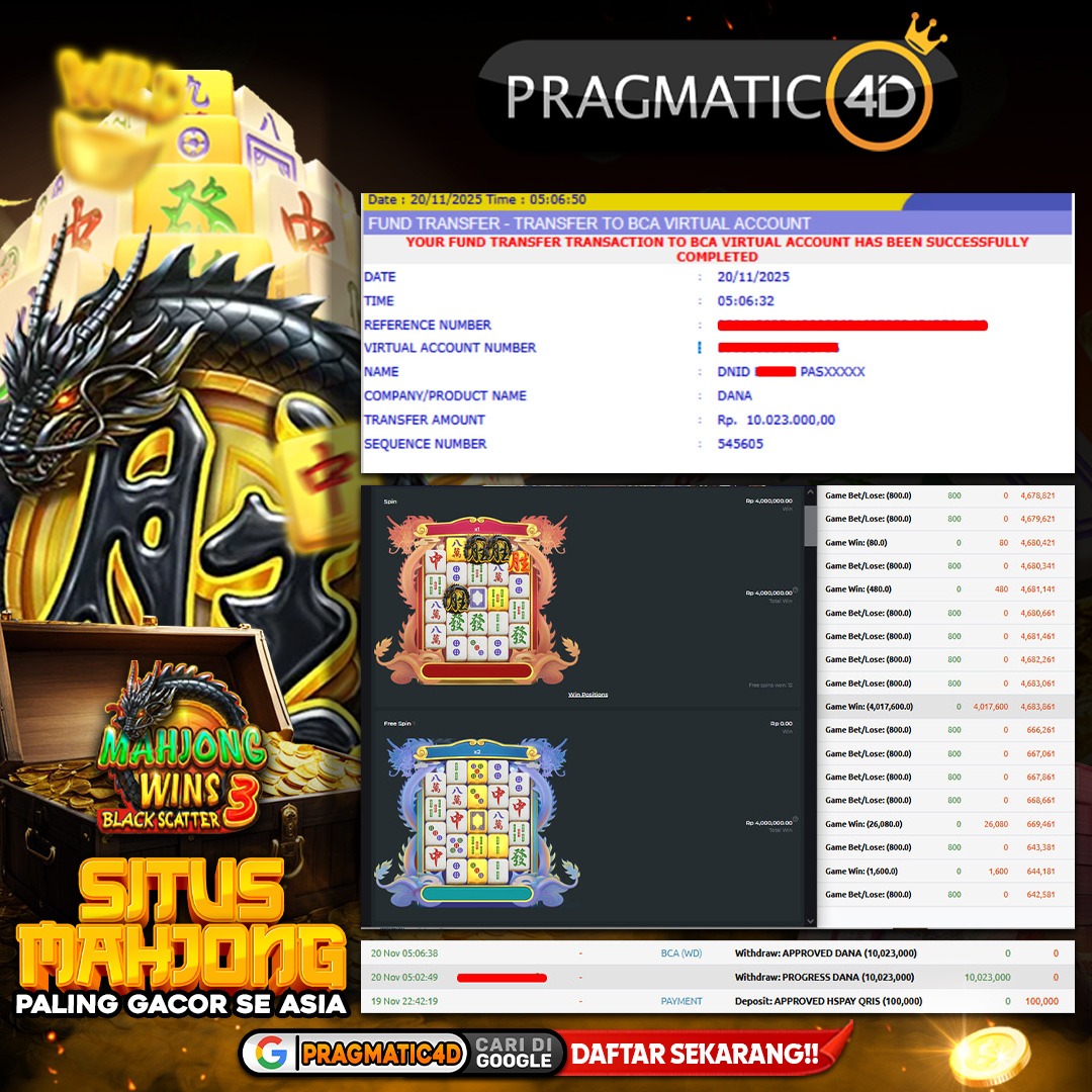 BUKTI KEMENANGAN MEMBER 20 NOVEMBER 2025 DI PRAGMATIC4D 10 JUTA