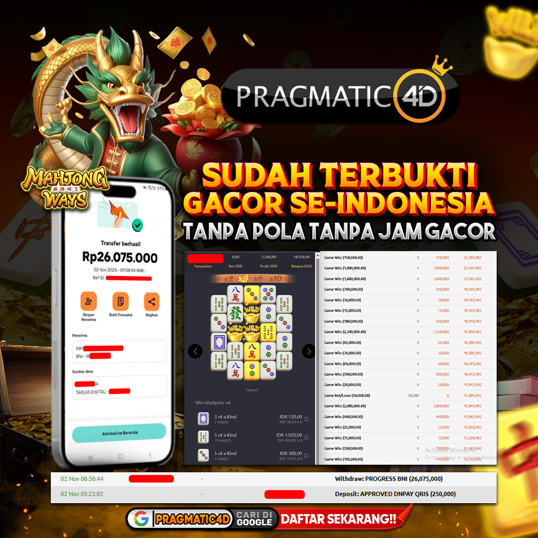 BUKTI KEMENANGAN MEMBER 2 NOVEMBER 2025 DI PRAGMATIC4D 26 JUTA