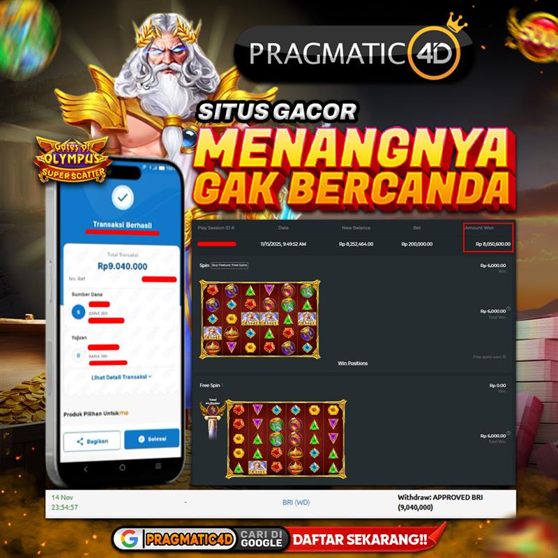 BUKTI KEMENANGAN MEMBER 15 NOVEMBER 2025 DI PRAGMATIC4D 9 JUTA