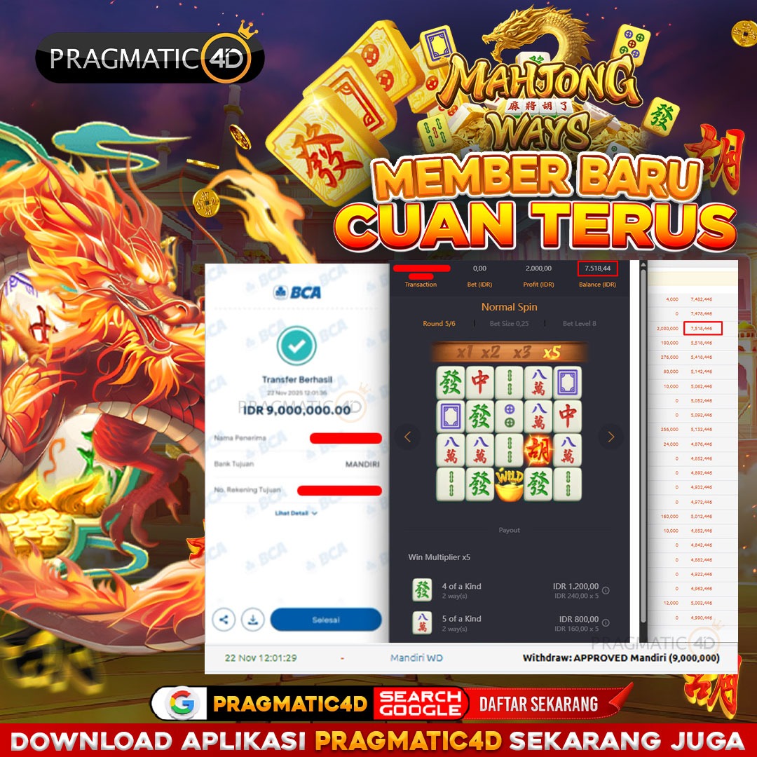 BUKTI KEMENANGAN MEMBER 22 NOVEMBER 2025 DI PRAGMATIC4D 9 JUTA