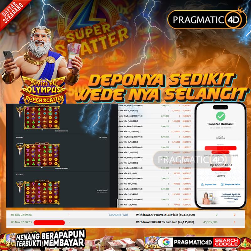BUKTI KEMENANGAN MEMBER 08 NOVEMBER 2025 DI PRAGMATIC4D 45 JUTA