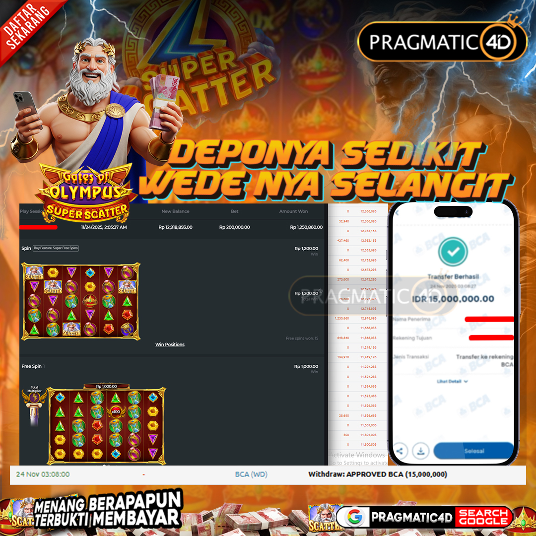 BUKTI KEMENANGAN MEMBER 24 NOVEMBER 2025 DI PRAGMATIC4D 15 JUTA