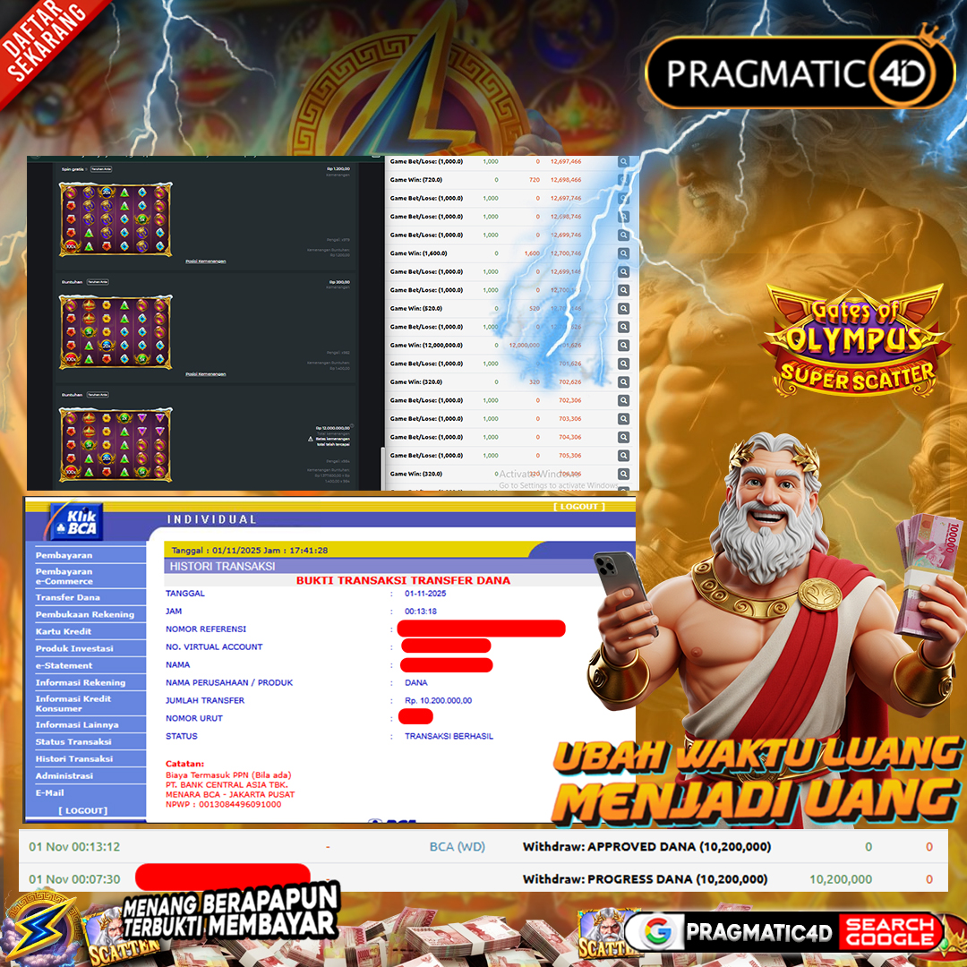 BUKTI KEMENANGAN MEMBER 1 NOVEMBER 2025 DI PRAGMATIC4D 10 JUTA
