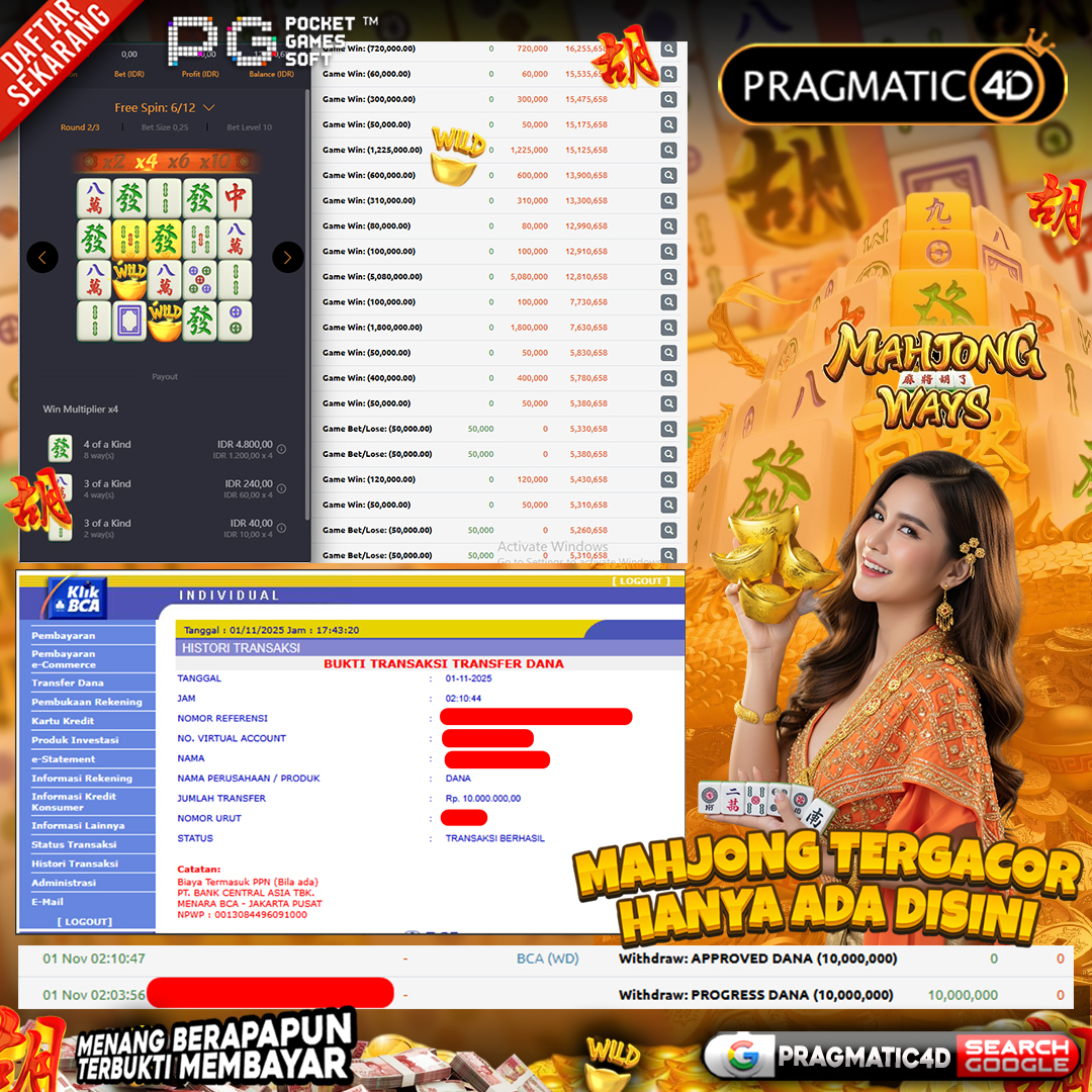 BUKTI KEMENANGAN MEMBER 1 NOVEMBER 2025 DI PRAGMATIC4D 10 JUTA