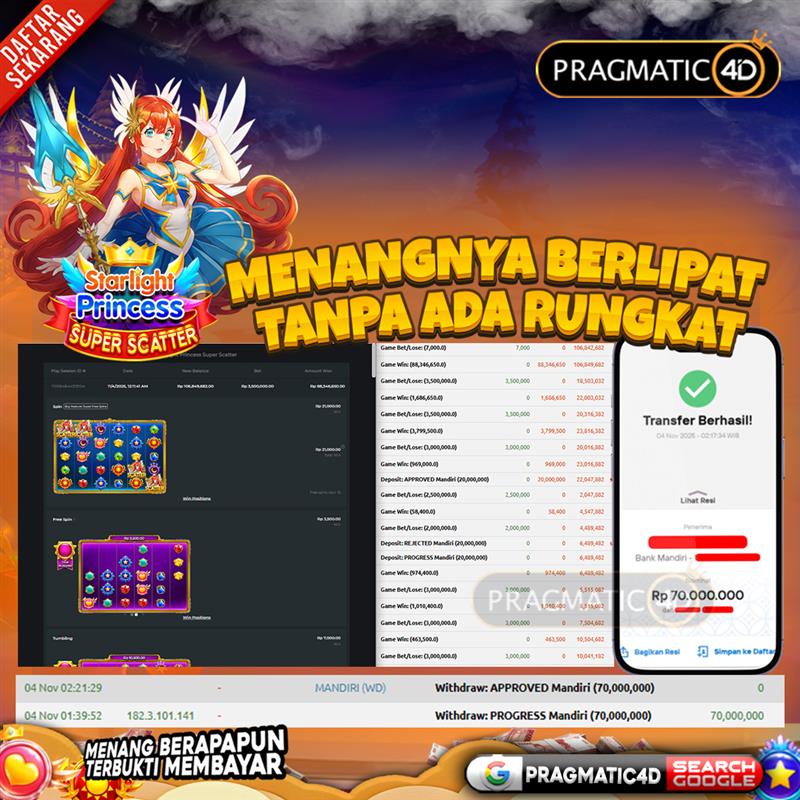 BUKTI KEMENANGAN MEMBER 04 NOVEMBER 2025 DI PRAGMATIC4D 70 JUTA