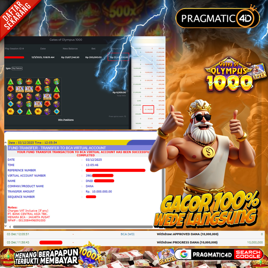 BUKTI KEMENANGAN MEMBER 03 DESEMBER 2025 DI PRAGMATIC4D 10 JUTA