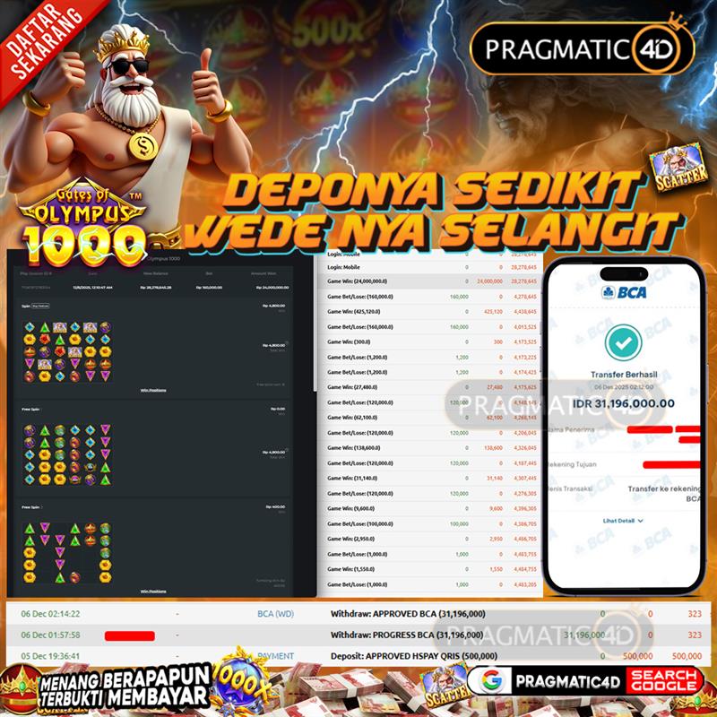 BUKTI KEMENANGAN MEMBER 06 DESEMBER 2025 DI PRAGMATIC4D 31 JUTA