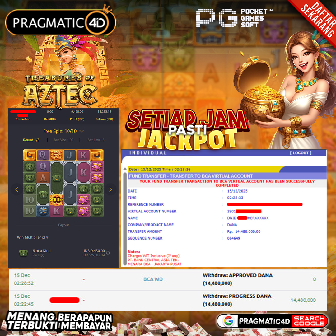 BUKTI KEMENANGAN MEMBER 15 DESEMBER 2025 DI PRAGMATIC4D 14 JUTA