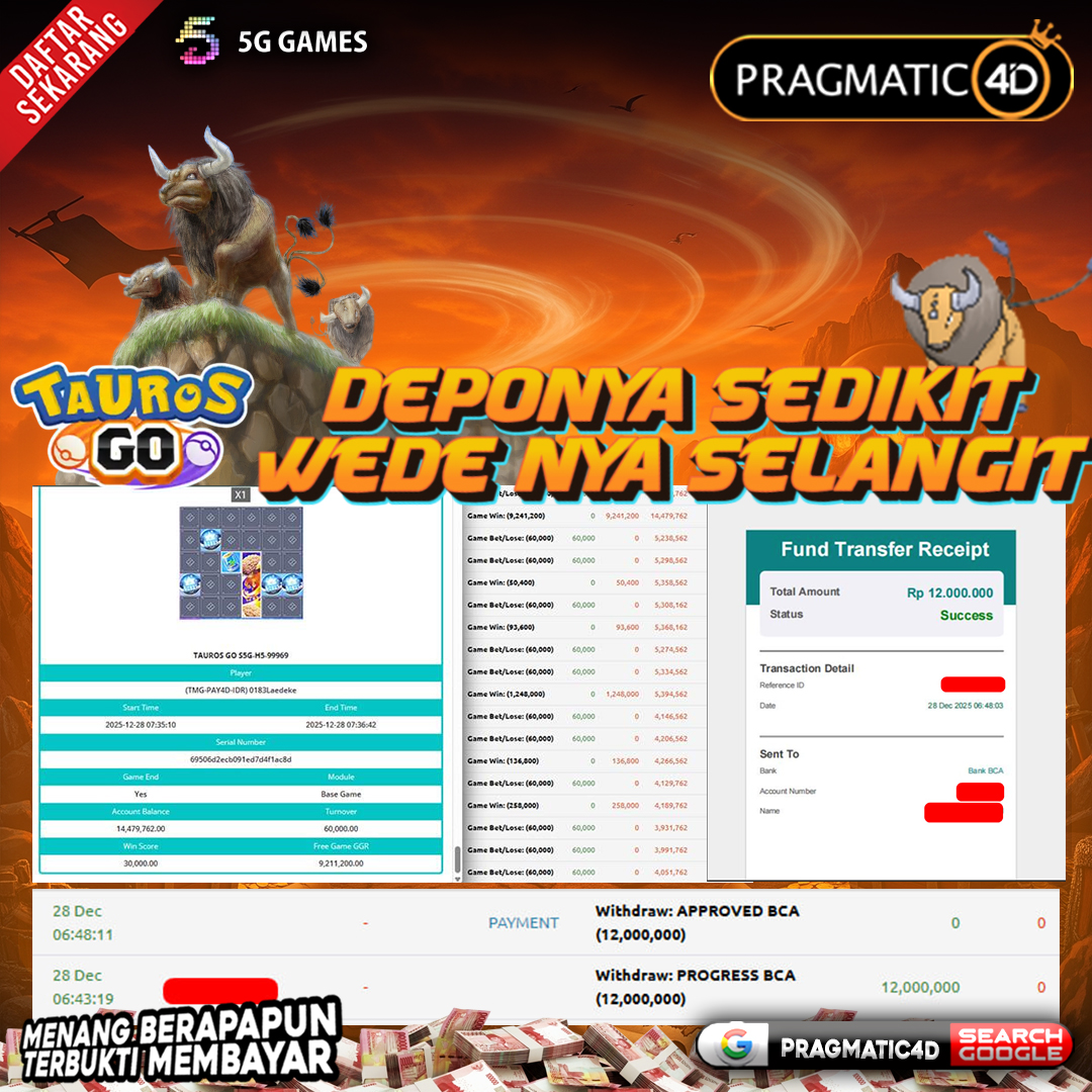 BUKTI KEMENANGAN MEMBER 28 DESEMBER 2025 DI PRAGMATIC4D 12 JUTA