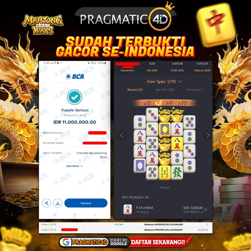 BUKTI KEMENANGAN MEMBER 19 DESEMBER 2025 DI PRAGMATIC4D 11 JUTA