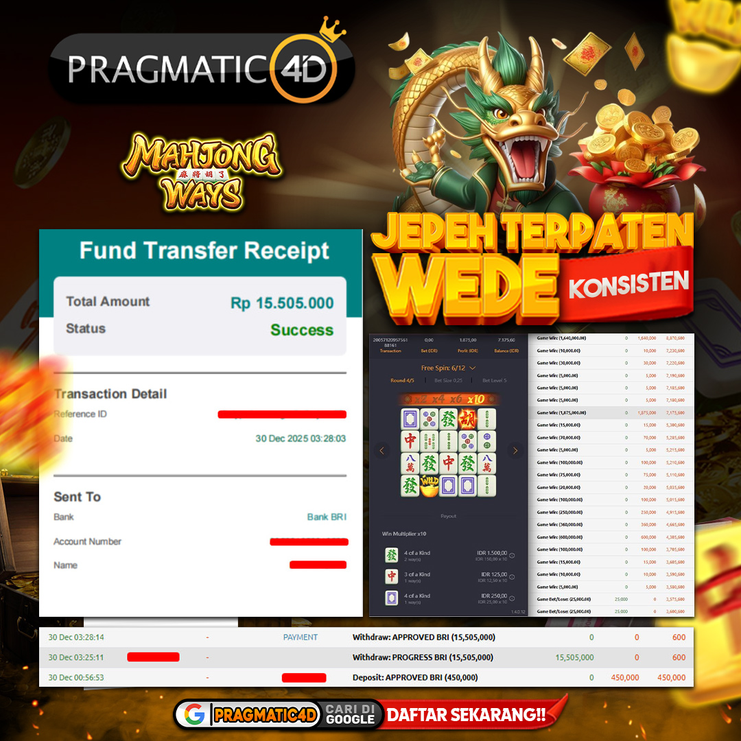 BUKTI KEMENANGAN MEMBER 30 DESEMBER 2025 DI PRAGMATIC4D 15 JUTA