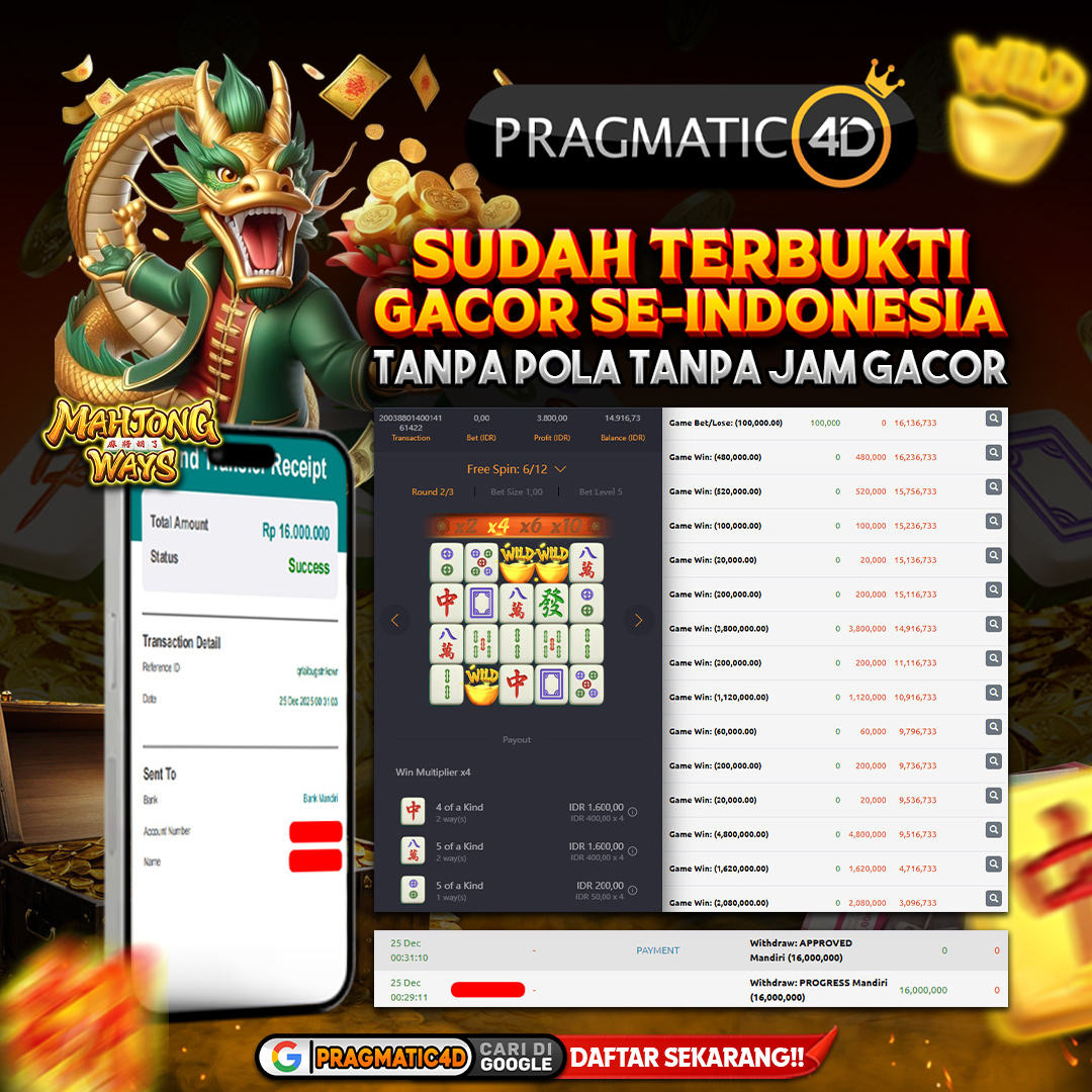BUKTI KEMENANGAN MEMBER 25 DESEMBER 2025 DI PRAGMATIC4D 16 JUTA