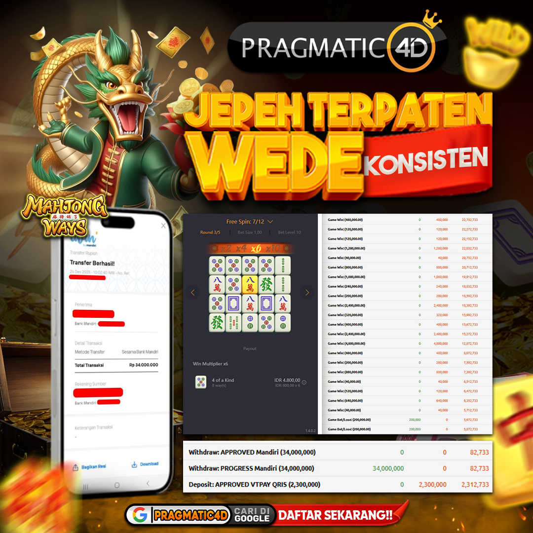 BUKTI KEMENANGAN MEMBER 26 DESEMBER 2025 DI PRAGMATIC4D 34 JUTA