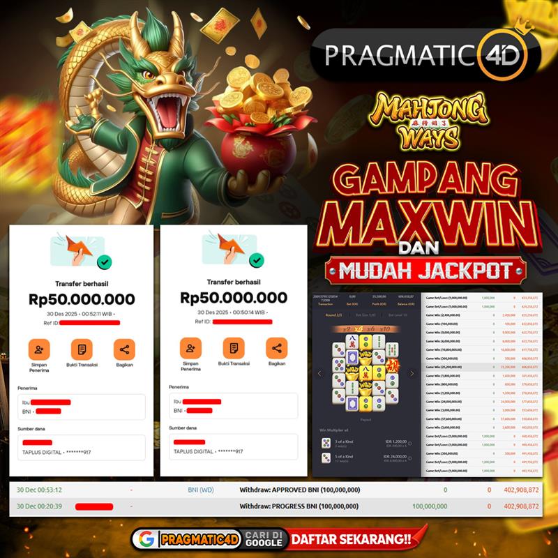 BUKTI KEMENANGAN MEMBER 30 DESEMBER 2025 DI PRAGMATIC4D 100 JUTA