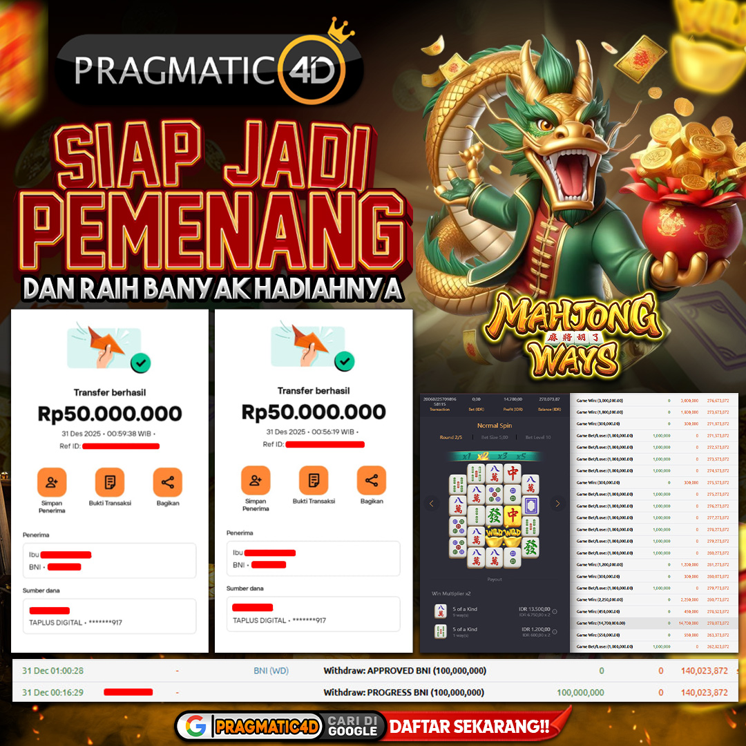 BUKTI KEMENANGAN MEMBER 31 DESEMBER 2025 DI PRAGMATIC4D 100 JUTA
