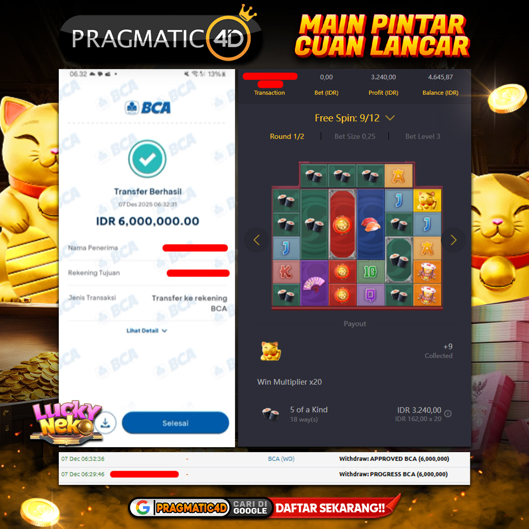 BUKTI KEMENANGAN MEMBER 07 DESEMBER 2025 DI PRAGMATIC4D 6 JUTA