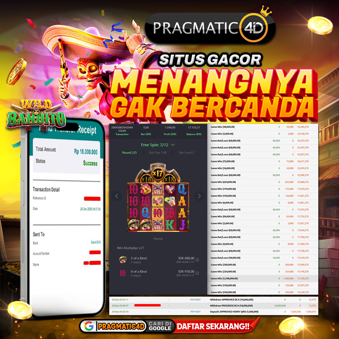 BUKTI KEMENANGAN MEMBER 26 DESEMBER 2025 DI PRAGMATIC4D 18 JUTA