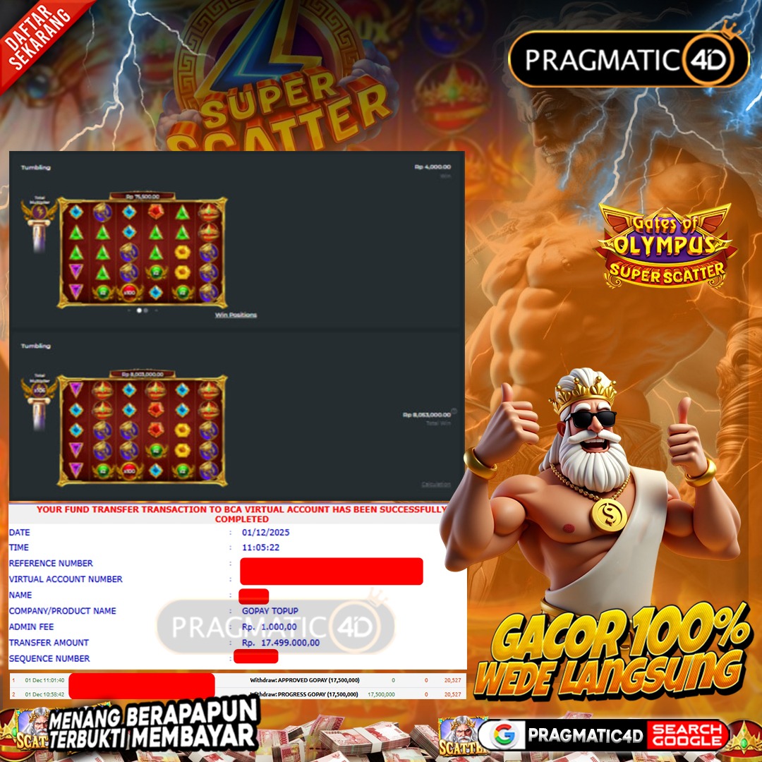 BUKTI KEMENANGAN MEMBER 01 DESEMBER 2025 DI PRAGMATIC4D 17 JUTA