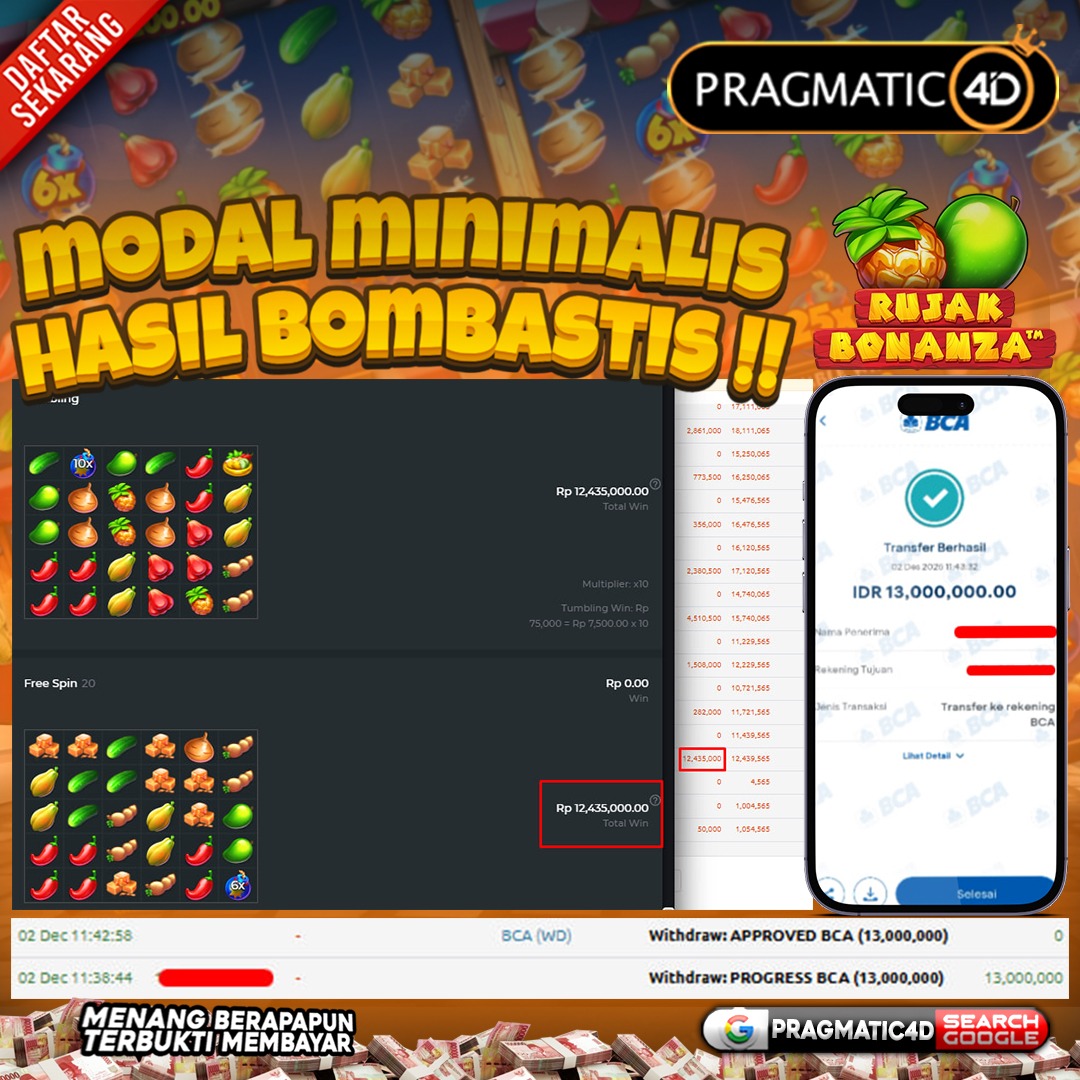 BUKTI KEMENANGAN MEMBER 02 DESEMBER 2025 DI PRAGMATIC4D 13 JUTA