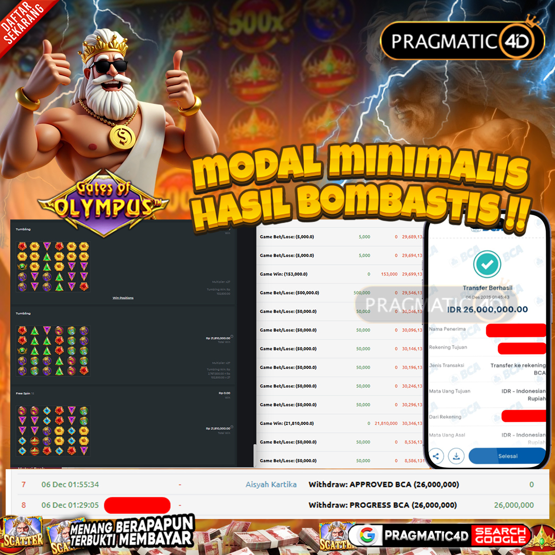 BUKTI KEMENANGAN MEMBER 06 DESEMBER 2025 DI PRAGMATIC4D 26 JUTA