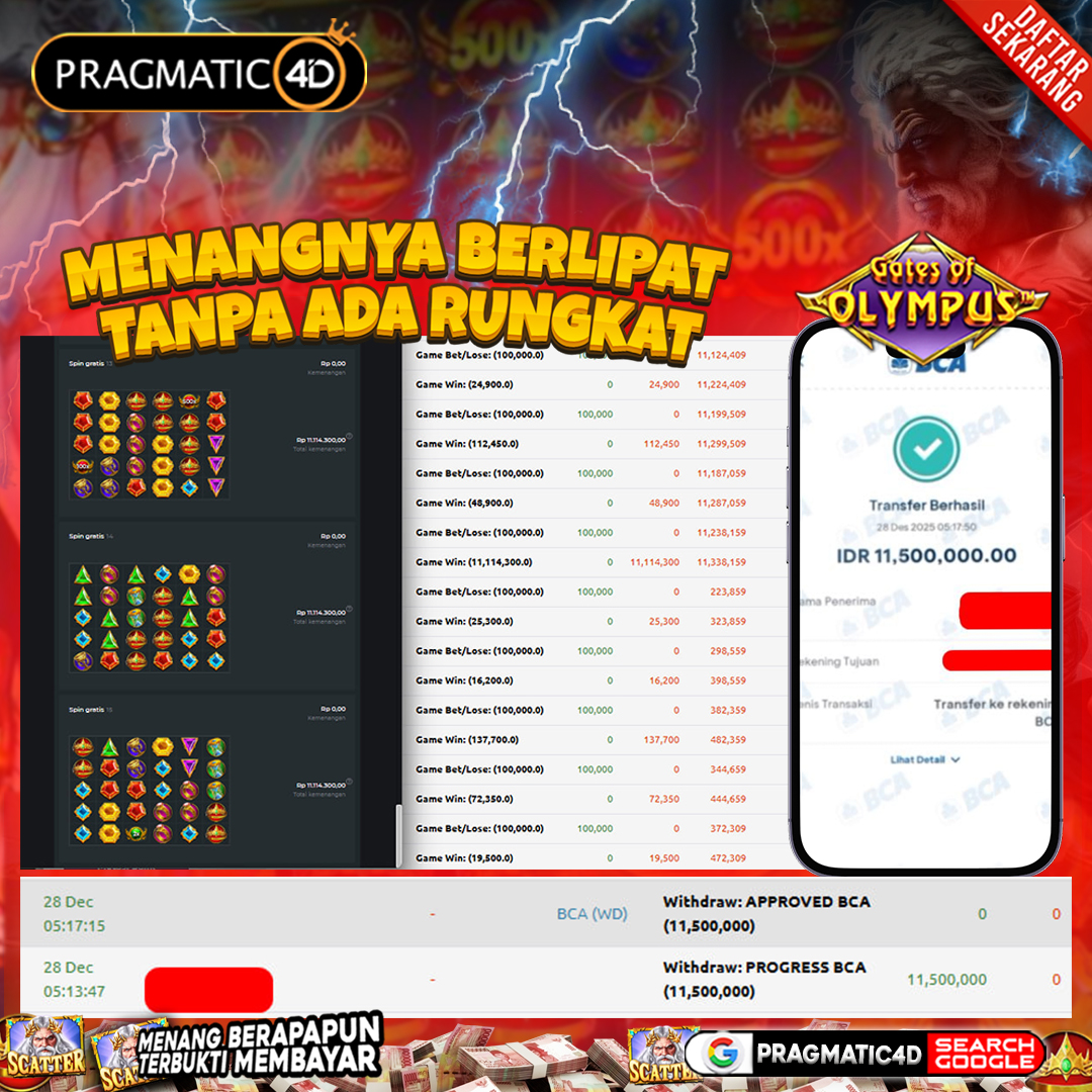 BUKTI KEMENANGAN MEMBER 28 DESEMBER 2025 DI PRAGMATIC4D 11 JUTA