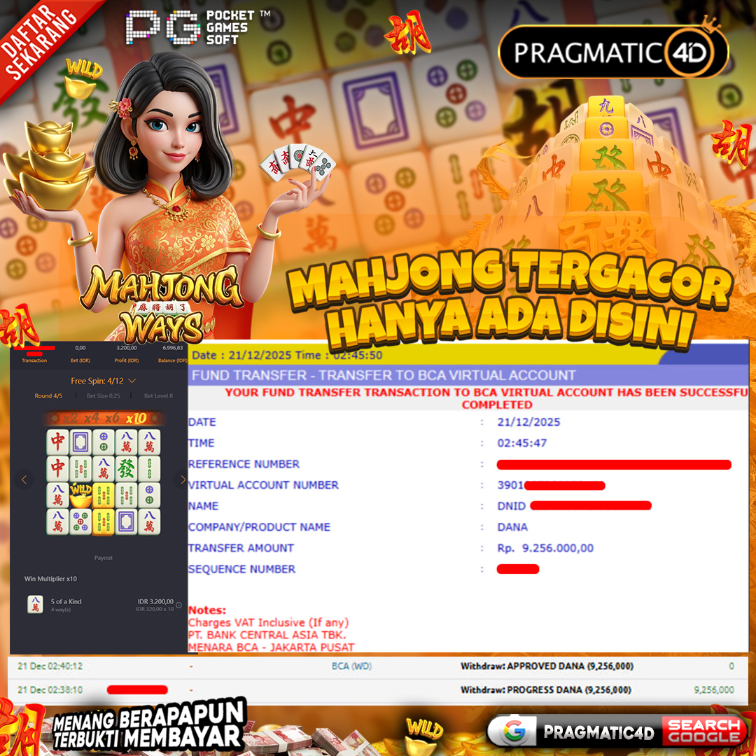 BUKTI KEMENANGAN MEMBER 21 DESEMBER 2025 DI PRAGMATIC4D 9 JUTA