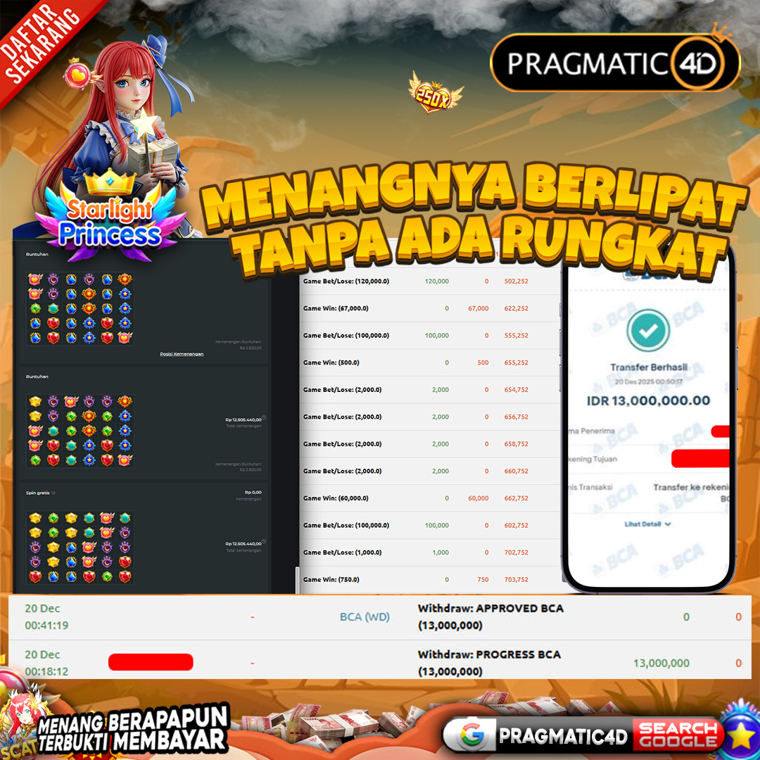 BUKTI KEMENANGAN MEMBER 20 DESEMBER 2025 DI PRAGMATIC4D 13 JUTA