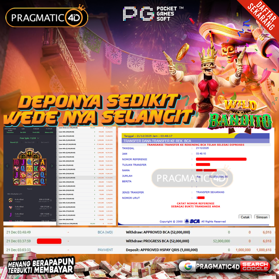 BUKTI KEMENANGAN MEMBER 21 DESEMBER 2025 DI PRAGMATIC4D 34 JUTA