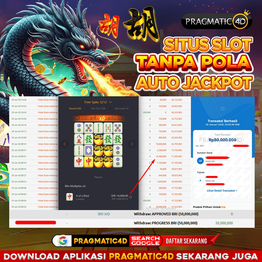 BUKTI KEMENANGAN MEMBER 29 JANUARI 2026 DI PRAGMATIC4D 50 JUTA