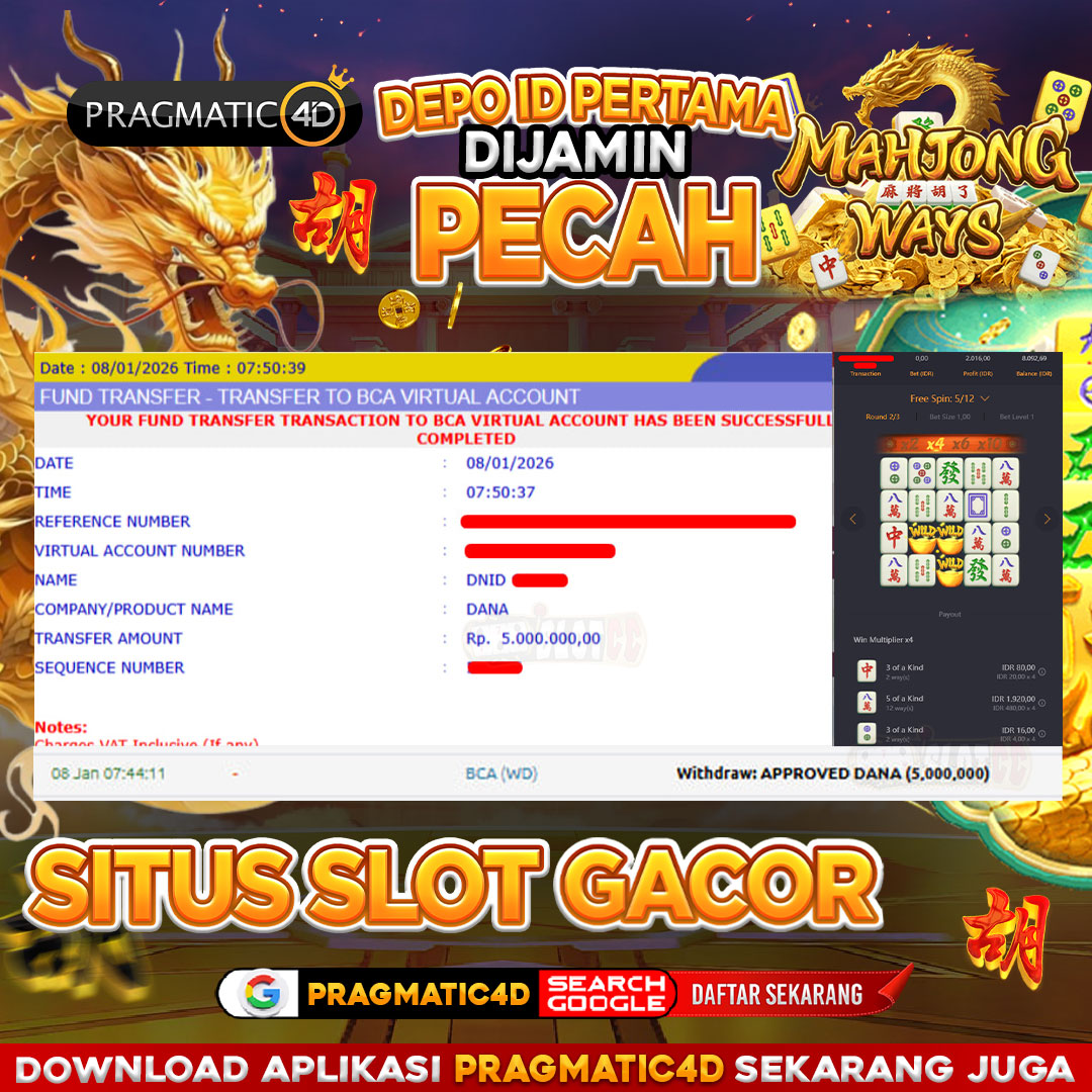 BUKTI KEMENANGAN MEMBER 08 JANUARI 2026 DI PRAGMATIC4D 5 JUTA