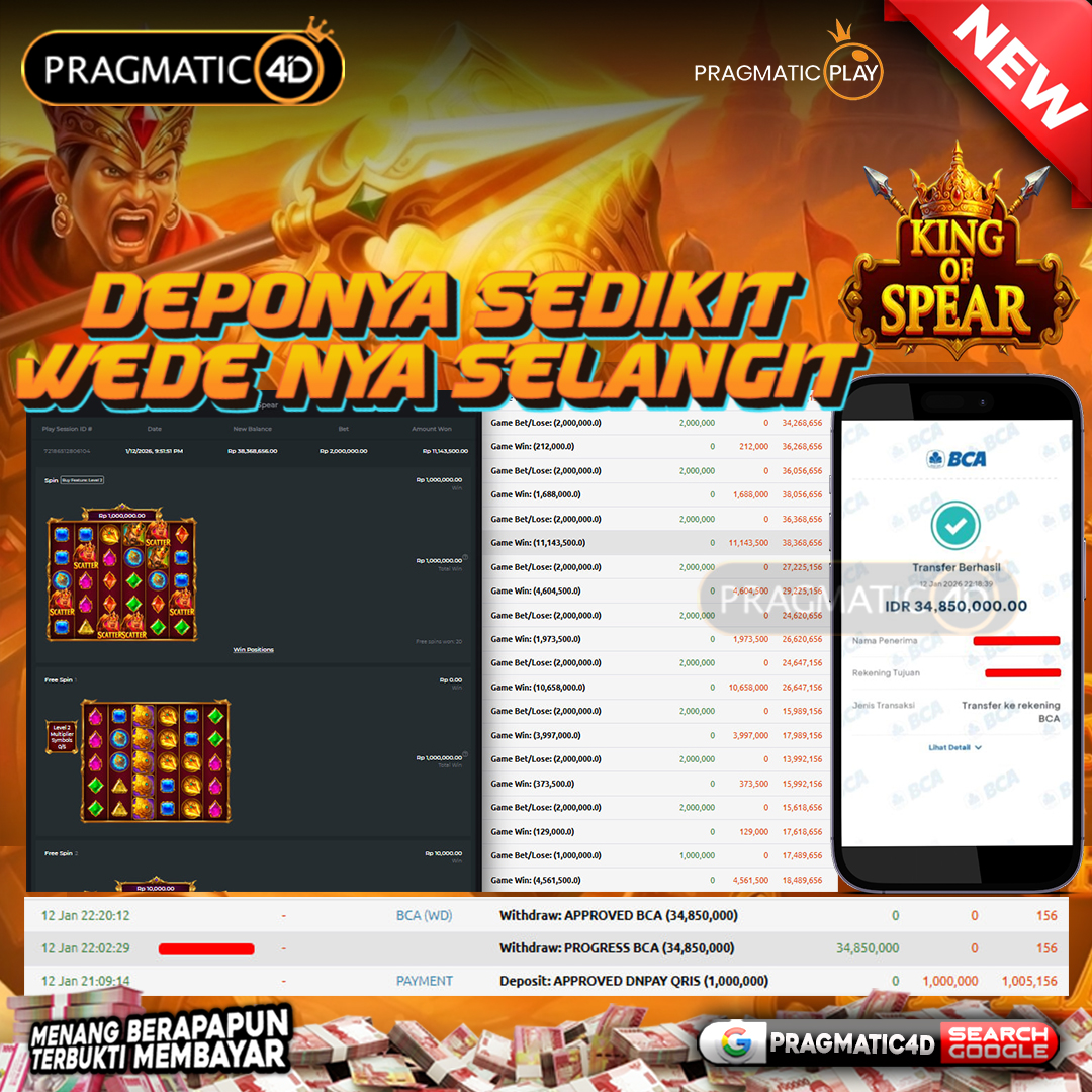 BUKTI KEMENANGAN MEMBER 13 JANUARI 2026 DI PRAGMATIC4D 34 JUTA