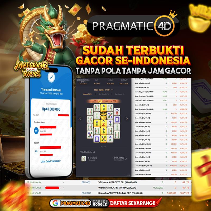 BUKTI KEMENANGAN MEMBER 23 JANUARI 2026 DI PRAGMATIC4D 41 JUTA