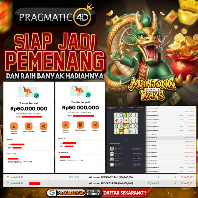 BUKTI KEMENANGAN MEMBER 03 JANUARI 2026 DI PRAGMATIC4D 100 JUTA
