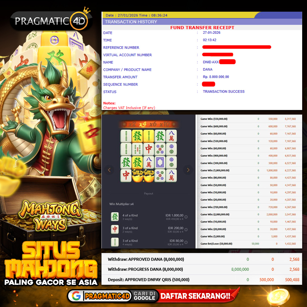 BUKTI KEMENANGAN MEMBER 27 JANUARI 2026 DI PRAGMATIC4D 8 JUTA
