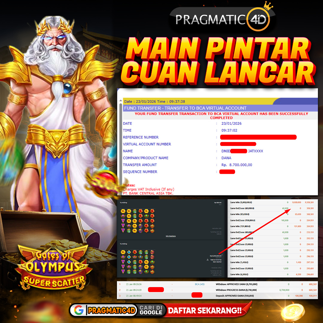 BUKTI KEMENANGAN MEMBER 23 JANUARI 2026 DI PRAGMATIC4D 8 JUTA