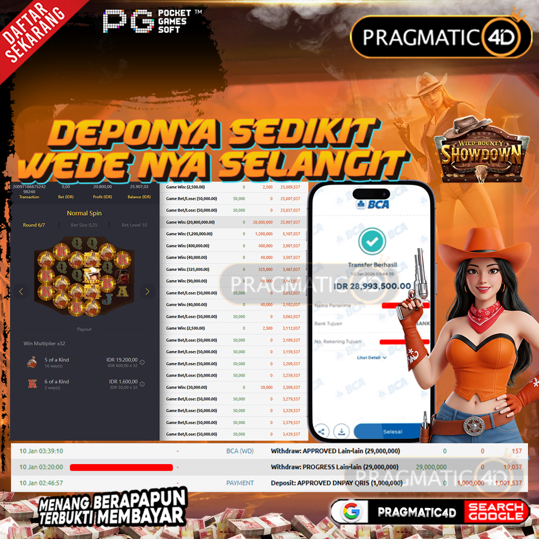 BUKTI KEMENANGAN MEMBER 10 JANUARI 2026 DI PRAGMATIC4D 29 JUTA