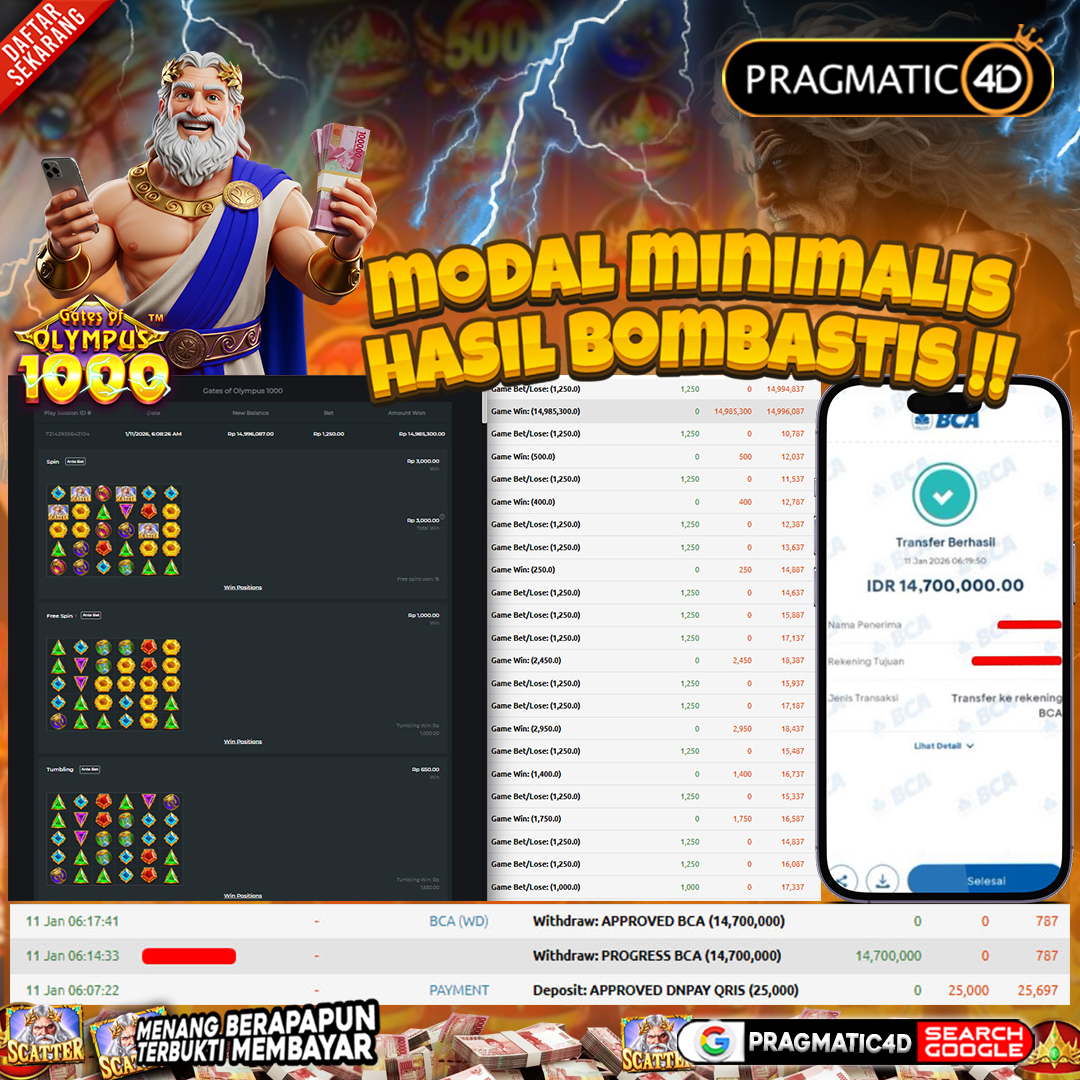 BUKTI KEMENANGAN MEMBER 11 JANUARI 2026 DI PRAGMATIC4D 14 JUTA