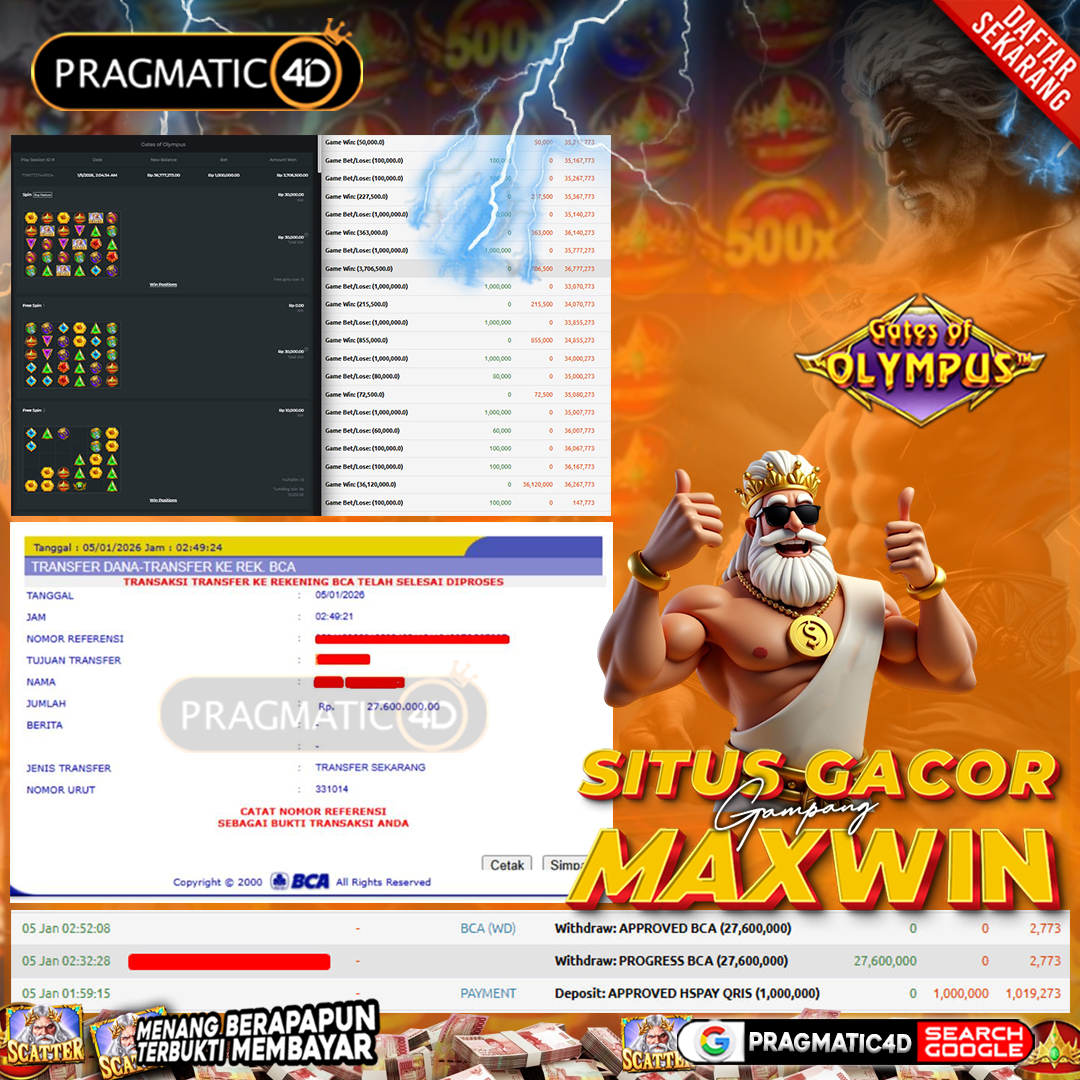 BUKTI KEMENANGAN MEMBER 05 JANUARI 2026 DI PRAGMATIC4D 27 JUTA