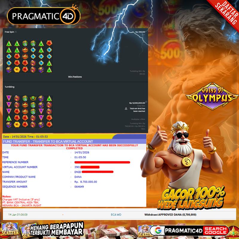 BUKTI KEMENANGAN MEMBER 14 JANUARI 2026 DI PRAGMATIC4D 8 JUTA