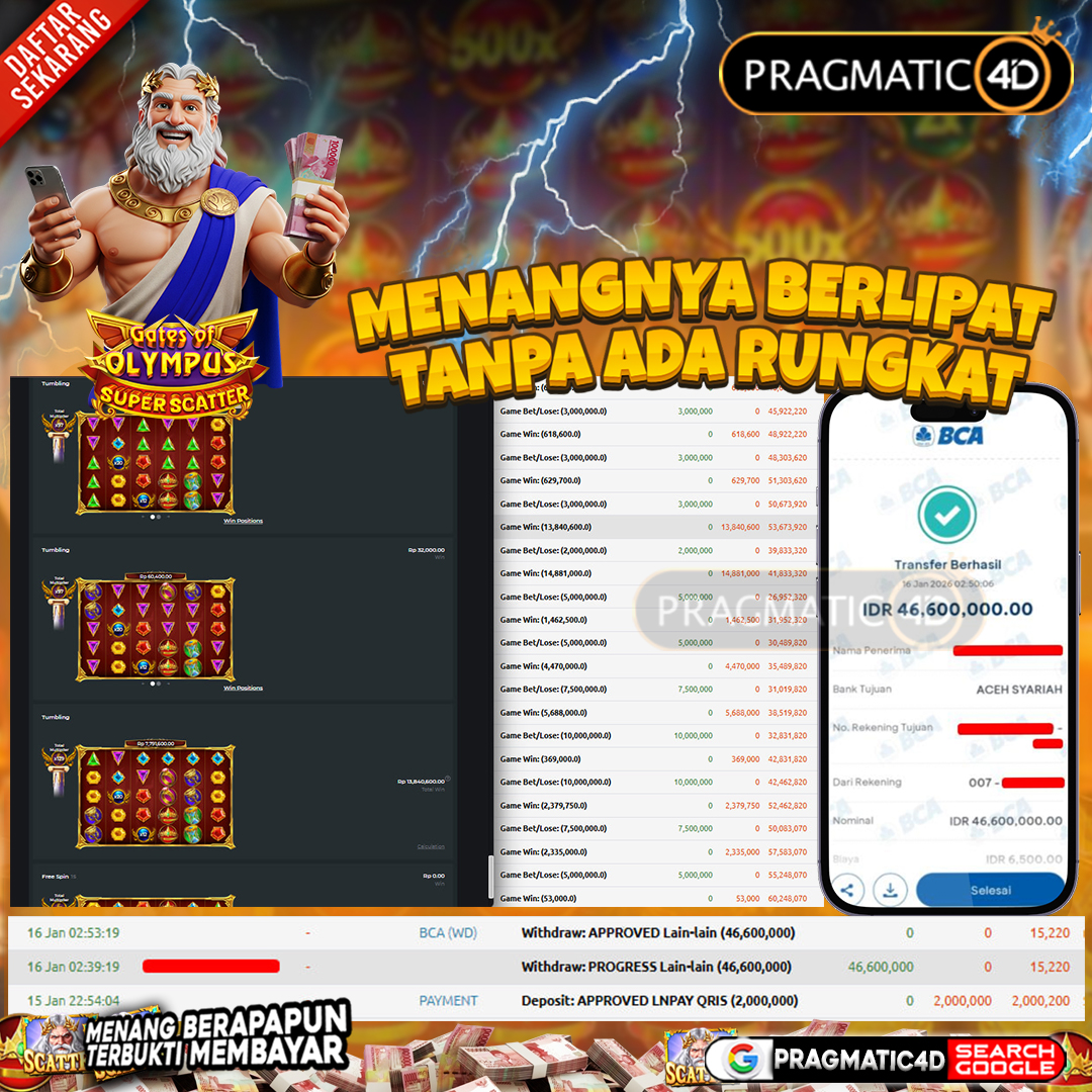 BUKTI KEMENANGAN MEMBER 17 JANUARI 2026 DI PRAGMATIC4D 46 JUTA