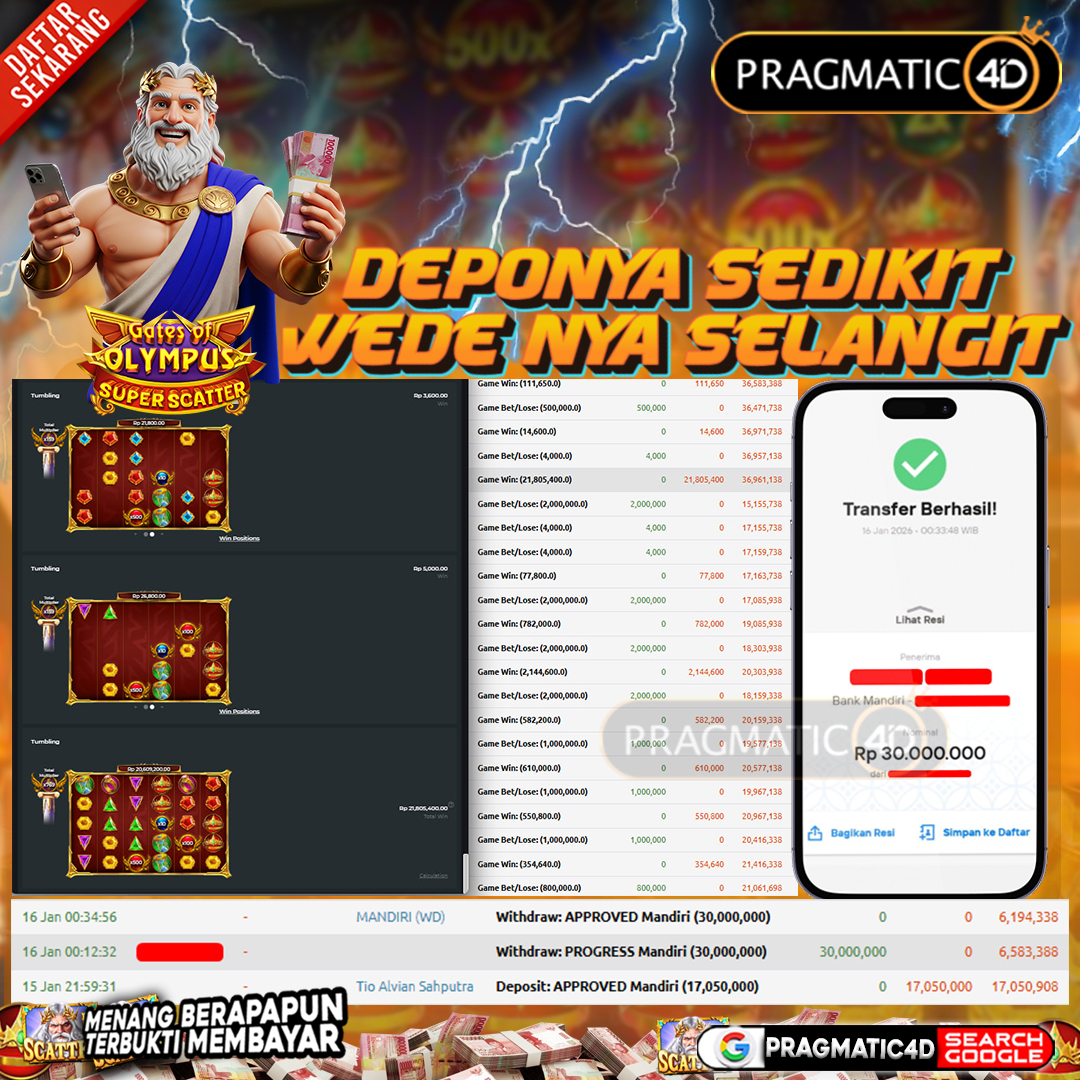 BUKTI KEMENANGAN MEMBER 16 JANUARI 2026 DI PRAGMATIC4D 30 JUTA