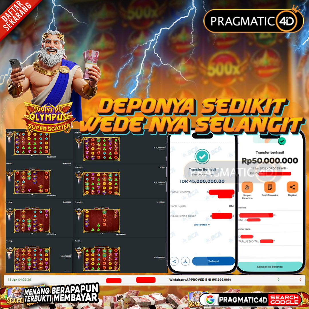 BUKTI KEMENANGAN MEMBER 18 JANUARI 2026 DI PRAGMATIC4D 95 JUTA