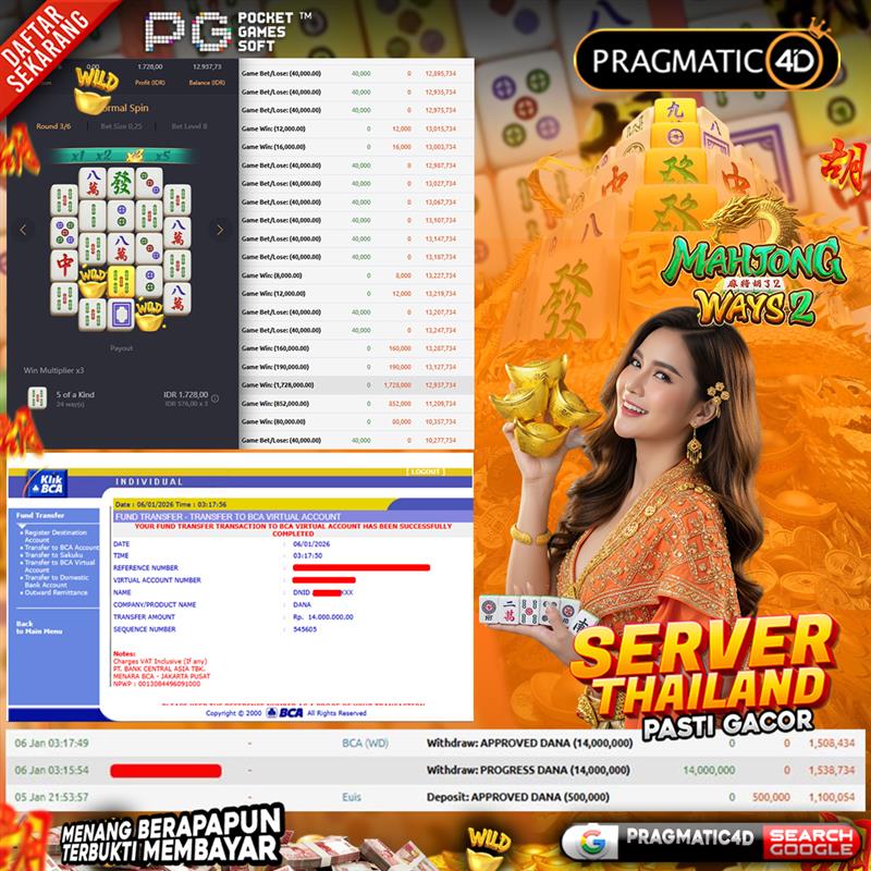 BUKTI KEMENANGAN MEMBER 06 JANUARI 2026 DI PRAGMATIC4D 14 JUTA