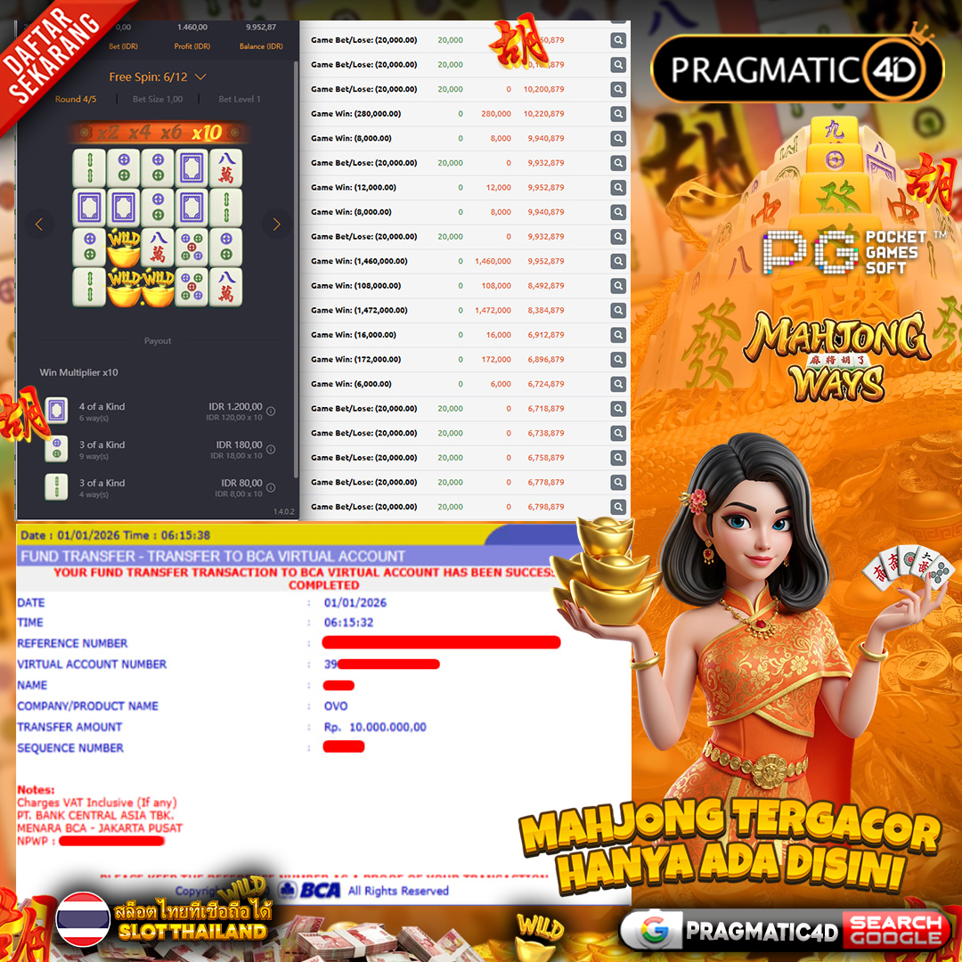 BUKTI KEMENANGAN MEMBER 01 JANUARI 2026 DI PRAGMATIC4D 10 JUTA
