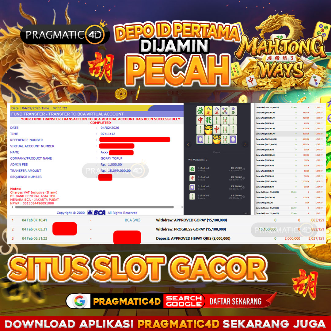 BUKTI KEMENANGAN MEMBER 04 FEBRUARY 2026 DI PRAGMATIC4D 15 JUTA