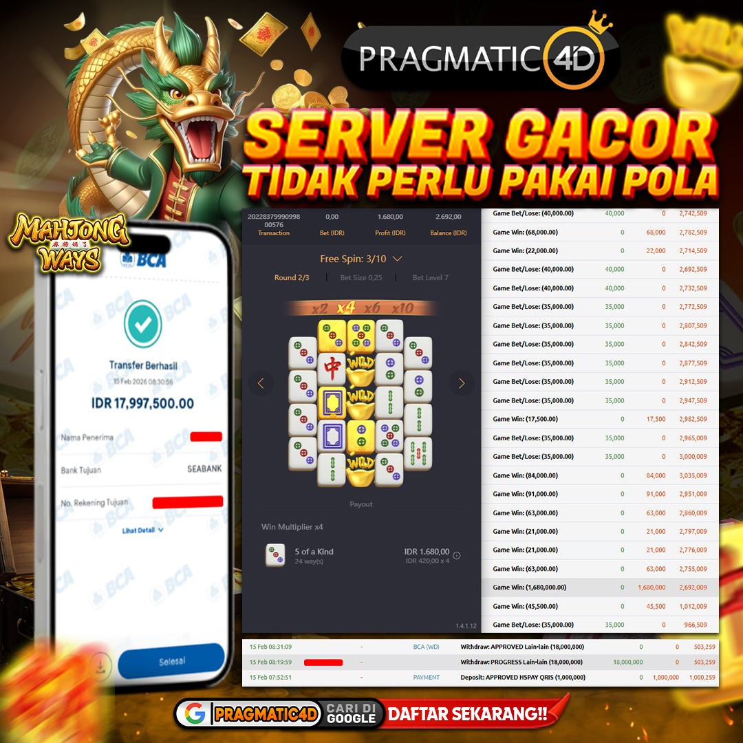 BUKTI KEMENANGAN MEMBER 15 FEBRUARY 2026 DI PRAGMATIC4D 18 JUTA