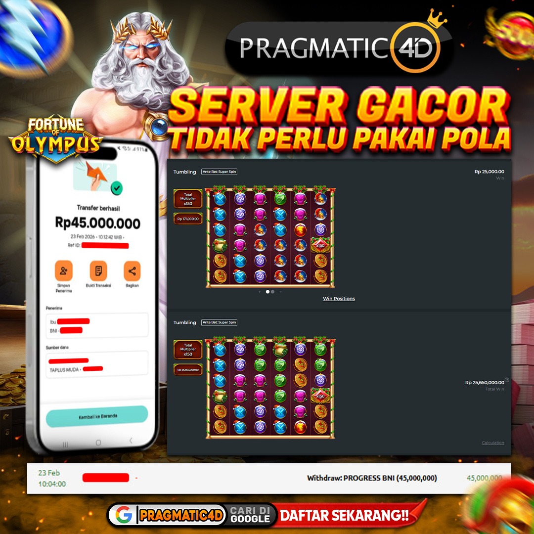 BUKTI KEMENANGAN MEMBER 23 FEBRUARY 2026 DI PRAGMATIC4D 45 JUTA